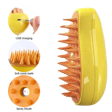 KittyNook Cat Co. Electric Cat Grooming Brush: yellow, orange soft teeth, spray nozzle, USB charging port.